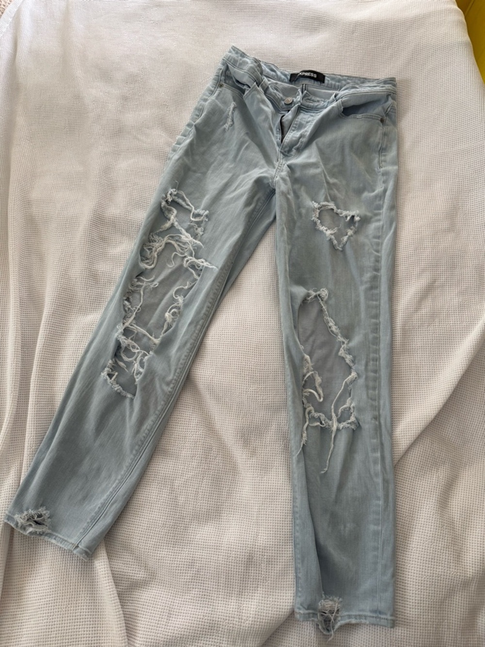 Express Women's Light Blue Distressed Girlfriend High Rise Jeans